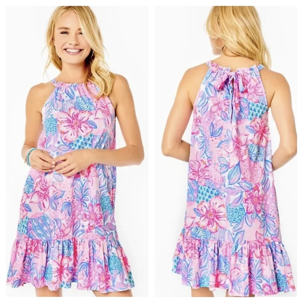 LILLY PULITZER Saira Halter Dress In Pink Isle Snappy Turtle XXL - Picture 2 of 7